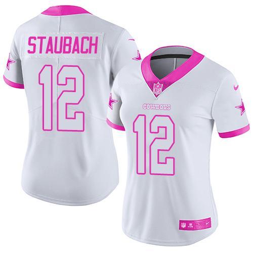 2016 Nike Dallas Cowboys 12 Roger Staubach White Pink Women Stitched NFL Limited Rush Fashion Jersey